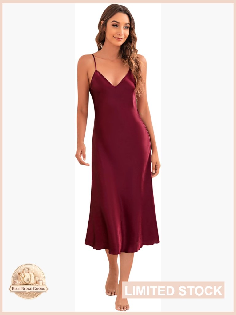 Elegant Satin Nightgown V-Neck Adjustable Straps Midi Silky Sleepwear